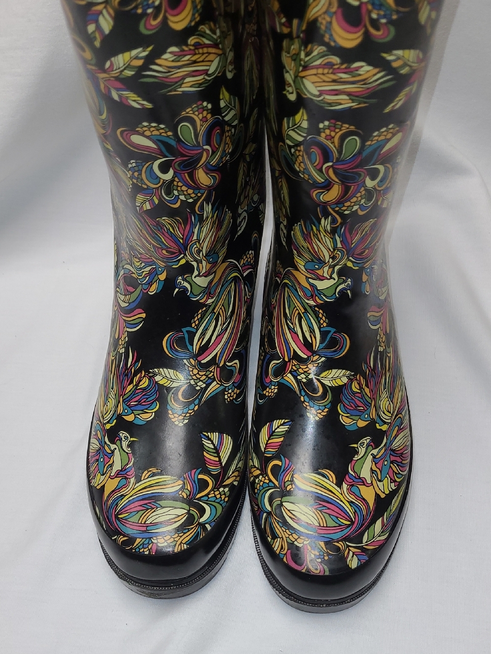 Sakroots Black tall pull on Rain, Barn, garden Boots with Multicolor Bird Print